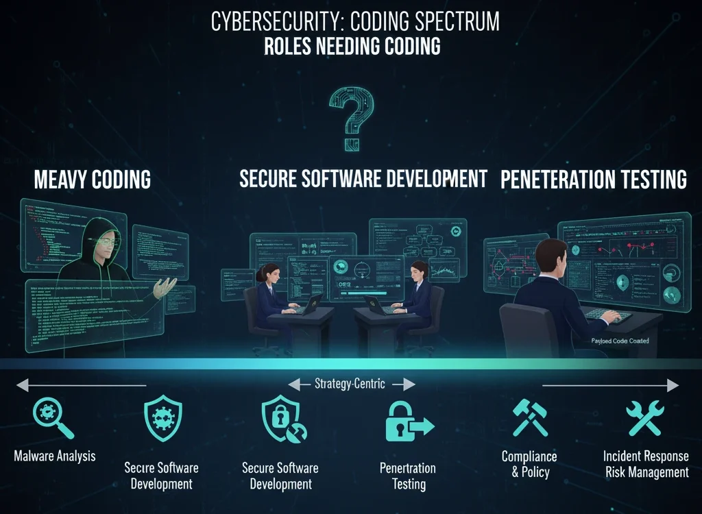 Infographic showing cybersecurity roles that require coding, listing skills like Python, C++, and scripting.