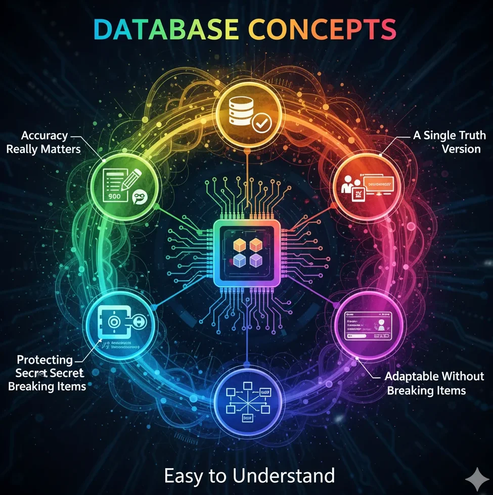 A colorful, circular infographic titled "Database Concepts," visually representing six key database characteristics: Accuracy Really Matters, A Single Truth Version, Protecting Secrets, Adaptable Without Breaking Items, Easy Sharing (represented by a network icon), and the central processing unit emphasizing core functionality.