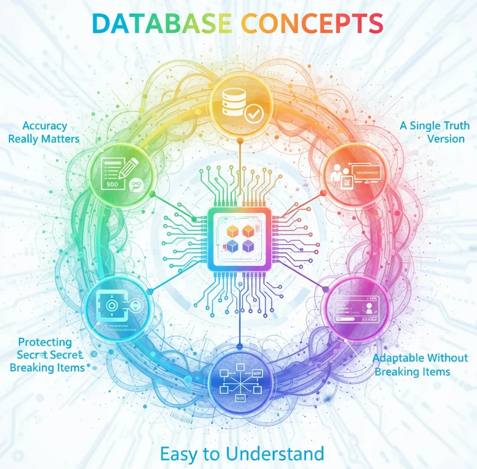 A vibrant, circular infographic titled "Database Concepts" on a white background, illustrating six core database characteristics: Accuracy Really Matters, A Single Truth Version, Protecting Secrets, Adaptable Without Breaking Items, and Easy Sharing. A central processing unit with data cubes connects these concepts.