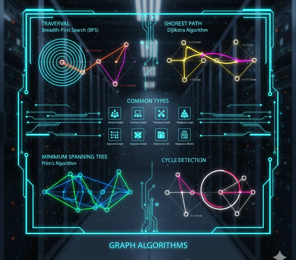 Visualization of graph algorithms in data structure showing BFS traversal, Dijkstra’s shortest path, minimum spanning tree, cycle detection, and graph types.