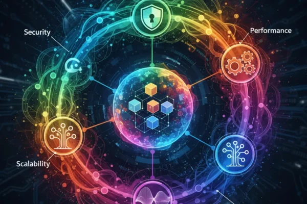 A vibrant, circular infographic titled "Database Concepts" on a white background, illustrating six core database characteristics: Accuracy Really Matters, A Single Truth Version, Protecting Secrets, Adaptable Without Breaking Items, and Easy Sharing. A central processing unit with data cubes connects these concepts.