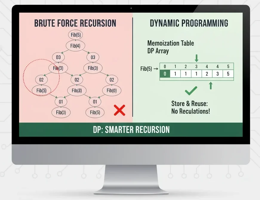 Flowchart showing Data Structures & Algorithms (DSA) – Dynamic Programming explained step-by-step with problem breakdown and subproblem optimization.