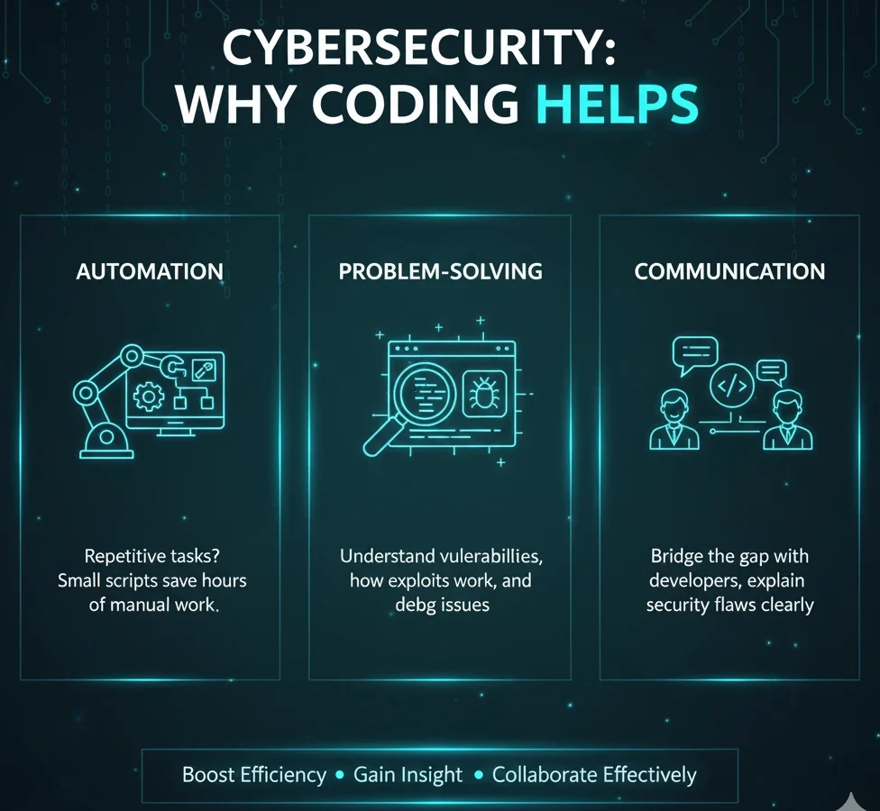 Infographic showing why coding helps in cybersecurity: Automation, Problem-Solving, and Communication.