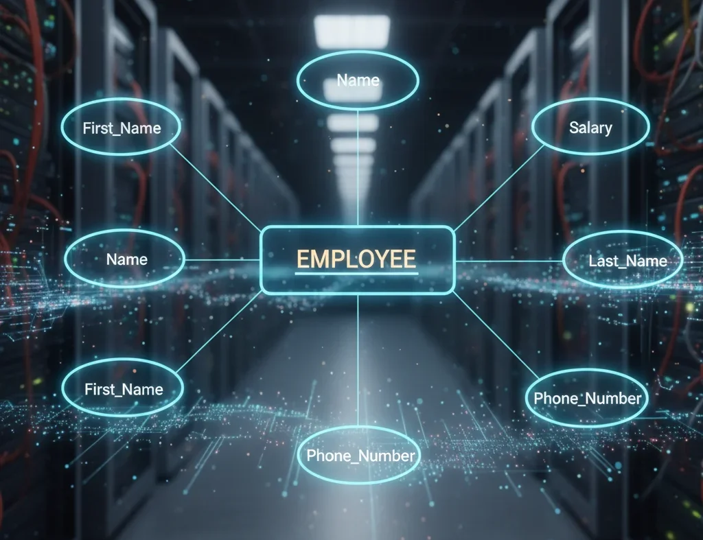 Entity-relationship diagram of employee attributes in database including name, salary, phone number, and last name.