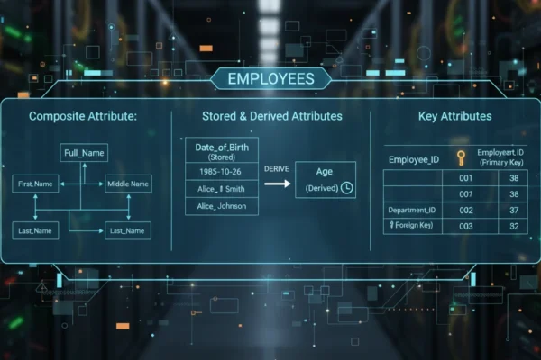 Diagram showing composite, stored, derived, and key attributes in database within an employee record system.