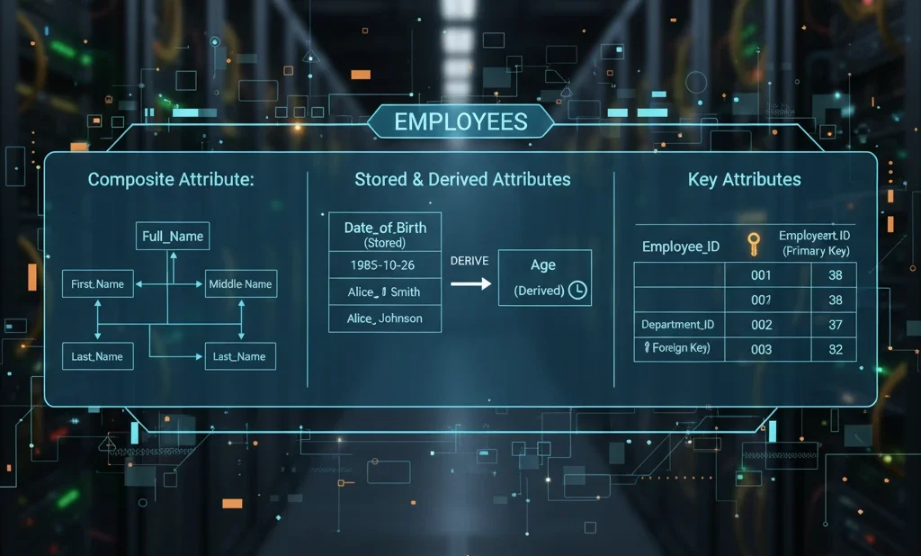 Diagram showing composite, stored, derived, and key attributes in database within an employee record system.