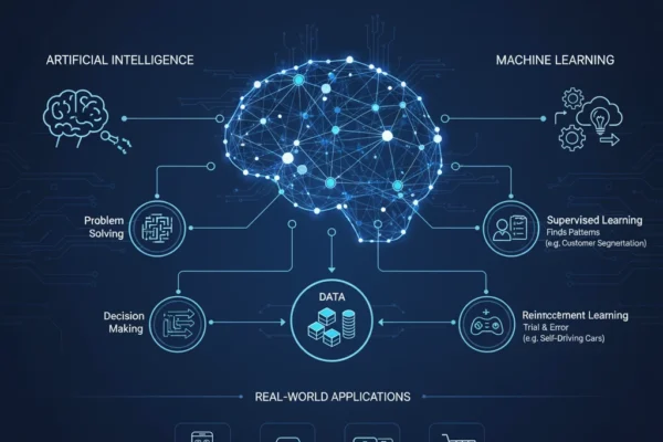 A comprehensive infographic titled "Artificial Intelligence & Machine Learning" depicting a glowing brain at its center, connected to various concepts. On the left, "Artificial Intelligence" is broken down into Problem Solving and Decision Making. On the right, "Machine Learning" is explained with Supervised Learning and Reinforcement Learning, along with a data icon. Below, "Real-World Applications" are shown, including Personalized Feeds, Self-Driving Cars, Medical Diagnosis, and Product Recommendations.