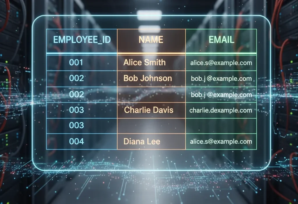 Employee table showing attributes in database including Employee_ID, Name, and Email.