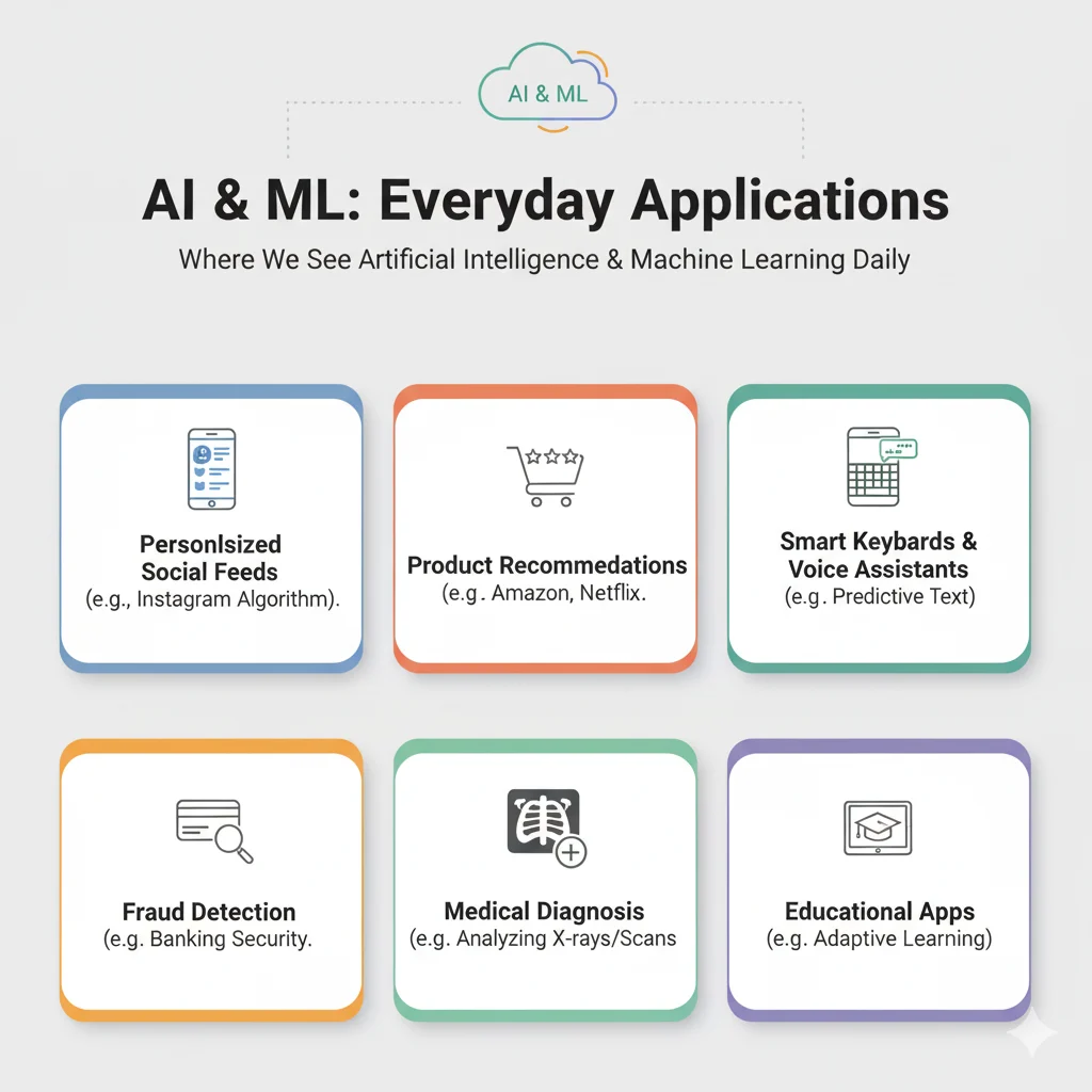 An infographic titled "AI & ML: Everyday Applications - Where We See Artificial Intelligence & Machine Learning Daily." It displays six distinct panels, each illustrating a common application: Personalized Social Feeds (e.g., Instagram Algorithm), Product Recommendations (e.g., Amazon, Netflix), Smart Keyboards & Voice Assistants (e.g., Predictive Text), Fraud Detection (e.g., Banking Security), Medical Diagnosis (e.g., Analyzing X-rays/Scans), and Educational Apps (e.g., Adaptive Learning).