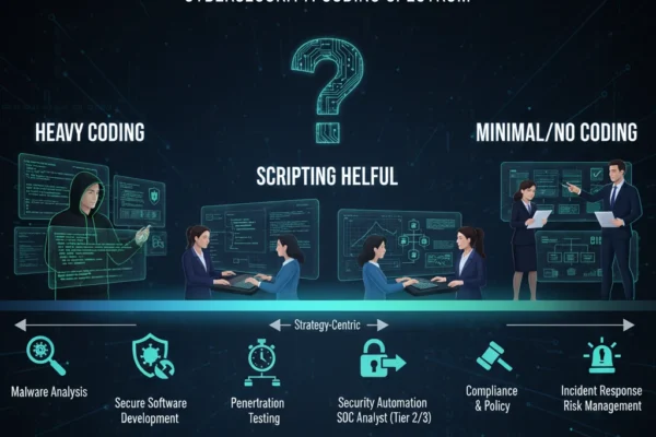 Spectrum of cybersecurity roles showing coding requirements from heavy to none,